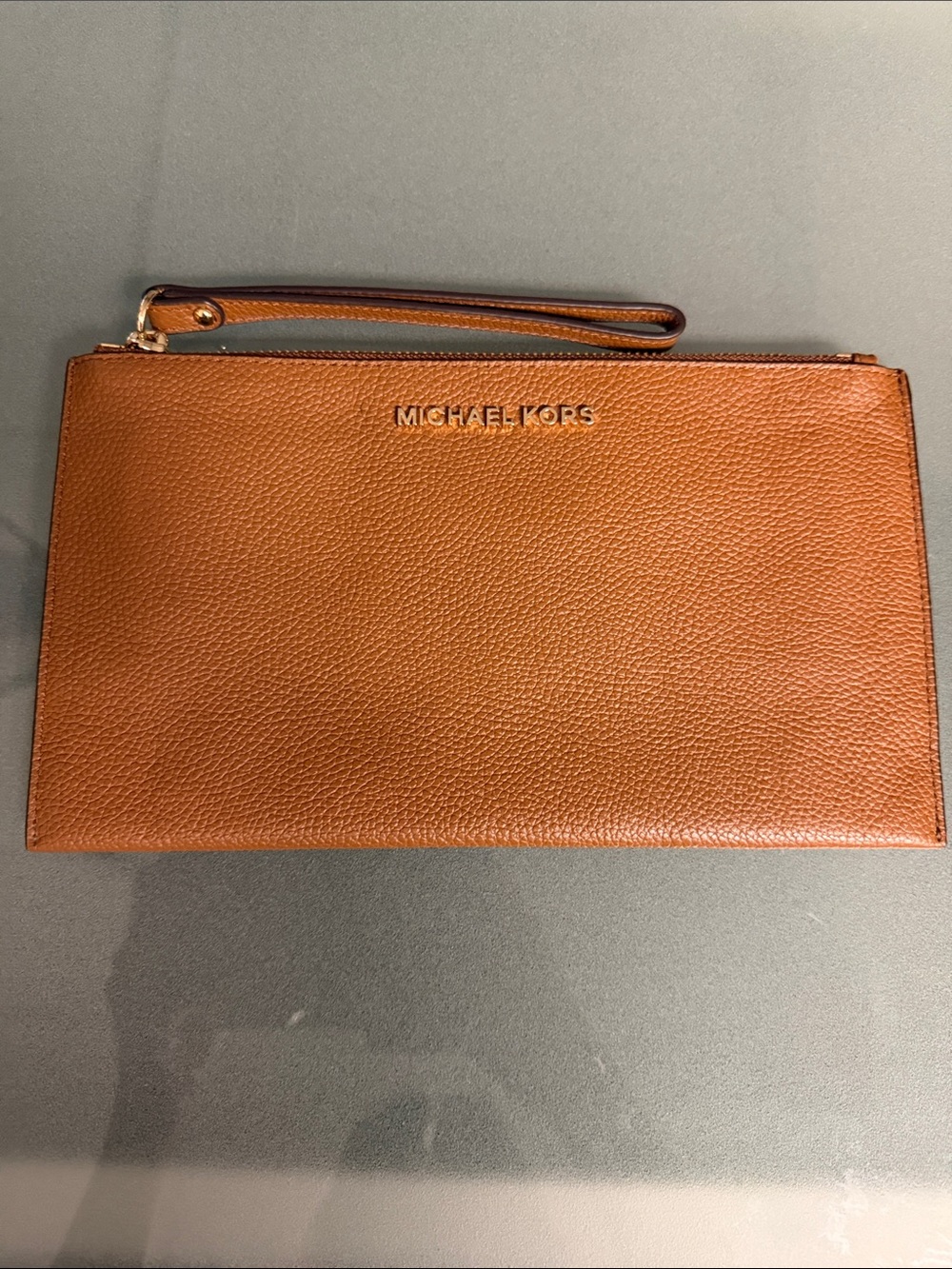Michael Kors Tan Leather Wristlet Clutch with Gold Logo